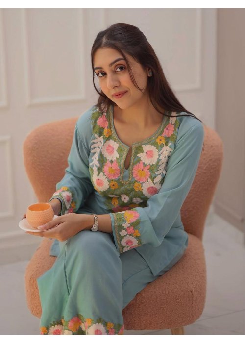 Pure Cotton Sky Embroidered Co-Ord Set